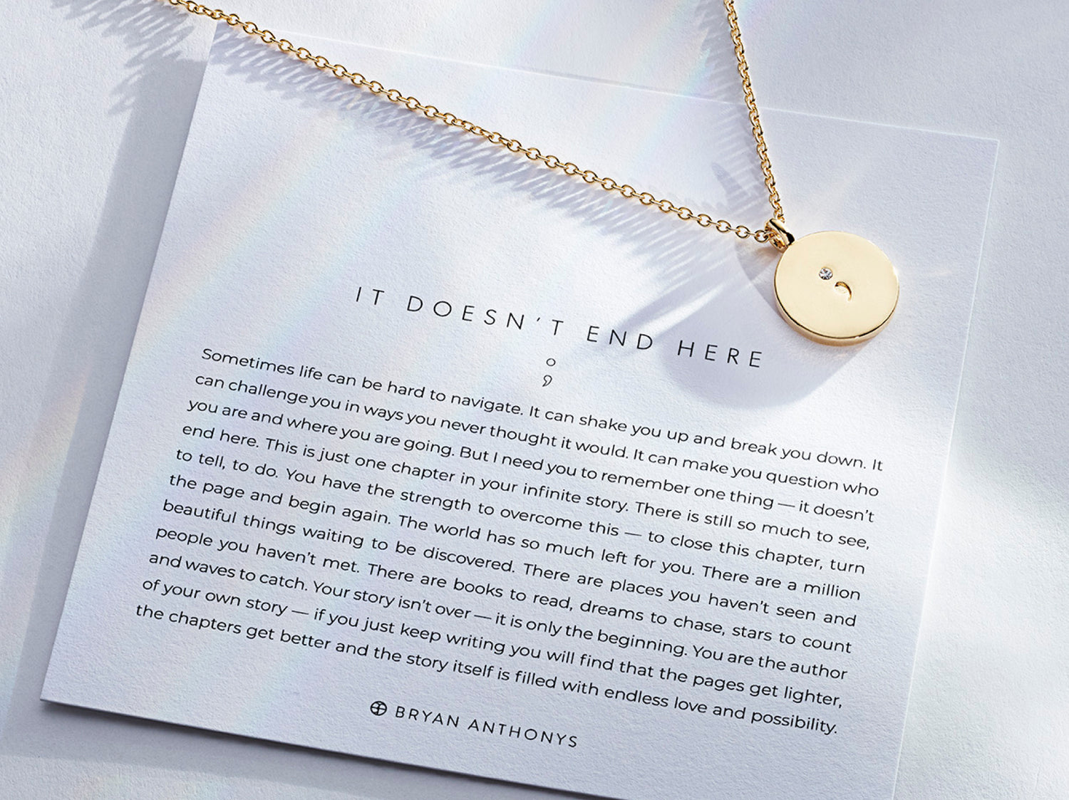 It Doesn't End Here Semi Colon Necklace in Gold with Description Meaning Card