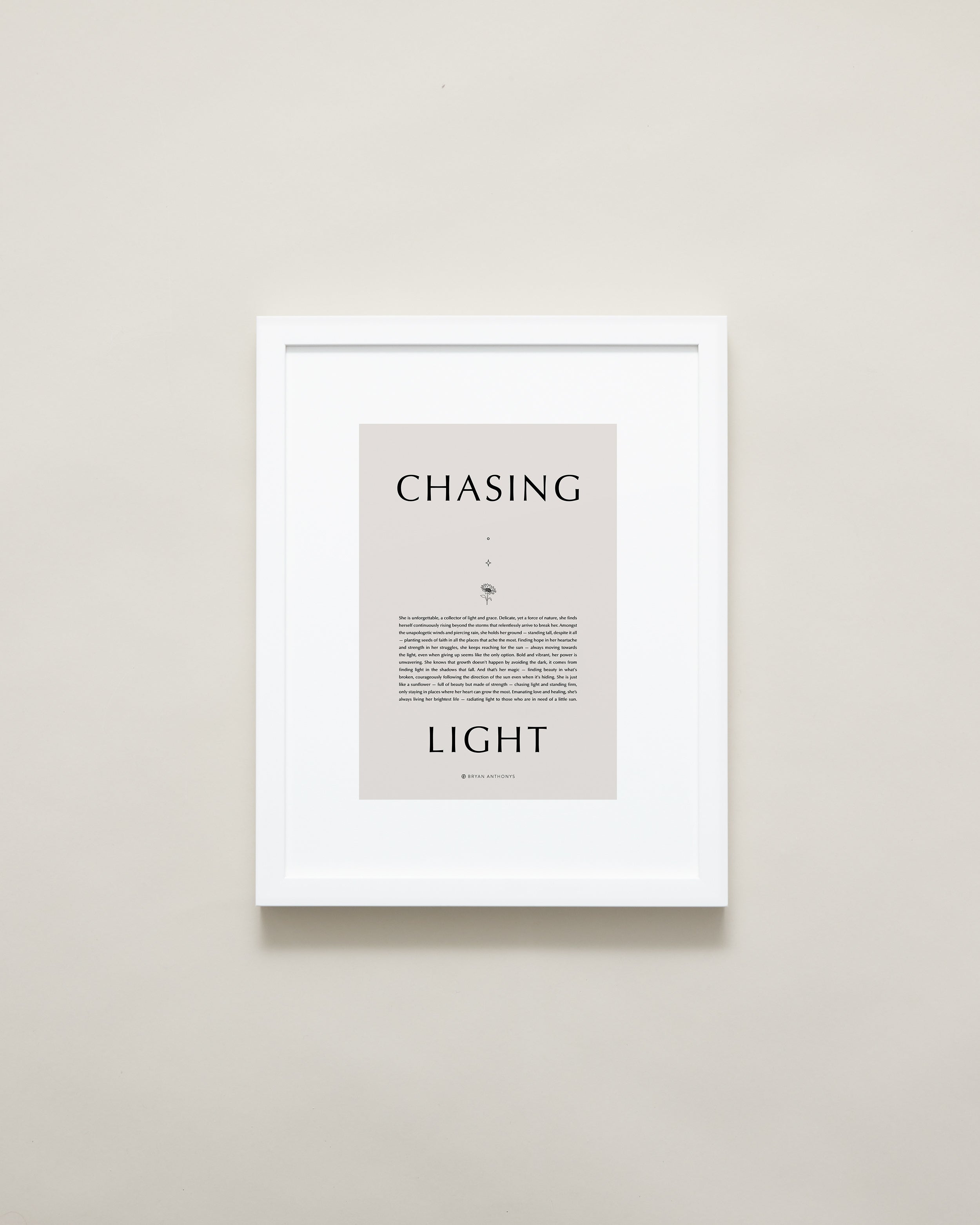 Bryan Anthonys Home Decor Purposeful Prints Chasing Light Iconic Framed Print Tan Art with White Frame 11x14