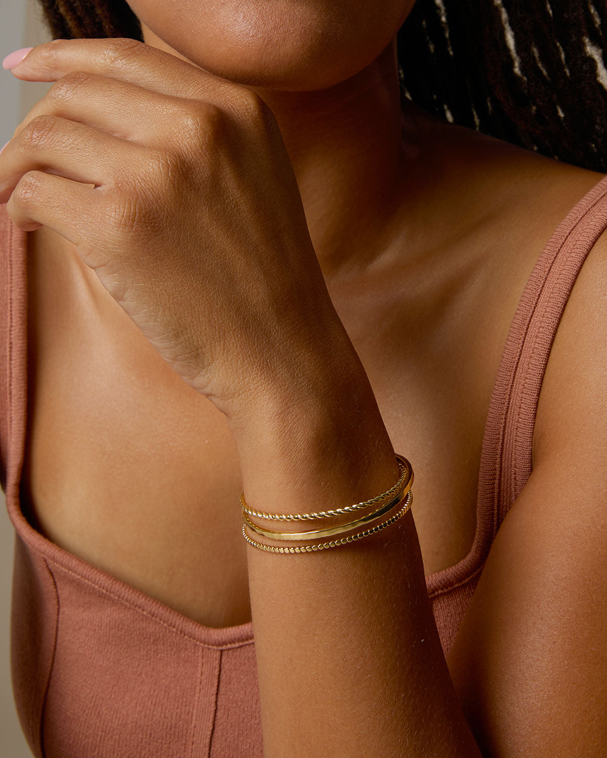 Bryan Anthonys Layers of You Collection Bracelet Stack Entwined Aligned Simplicity Bangles in Gold On Model