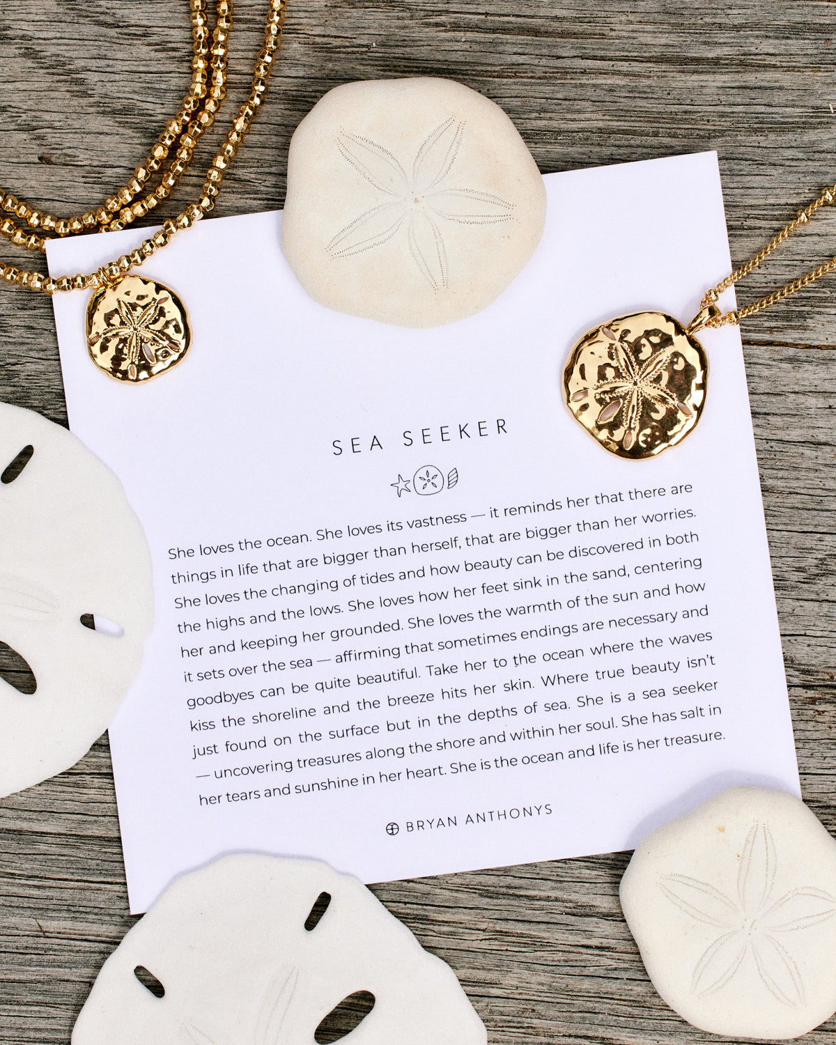 Sea Seeker Pendant Necklace and Tri-Beaded Gold Sea Seeker Necklace with Meaning Description Card and Sand Dollars