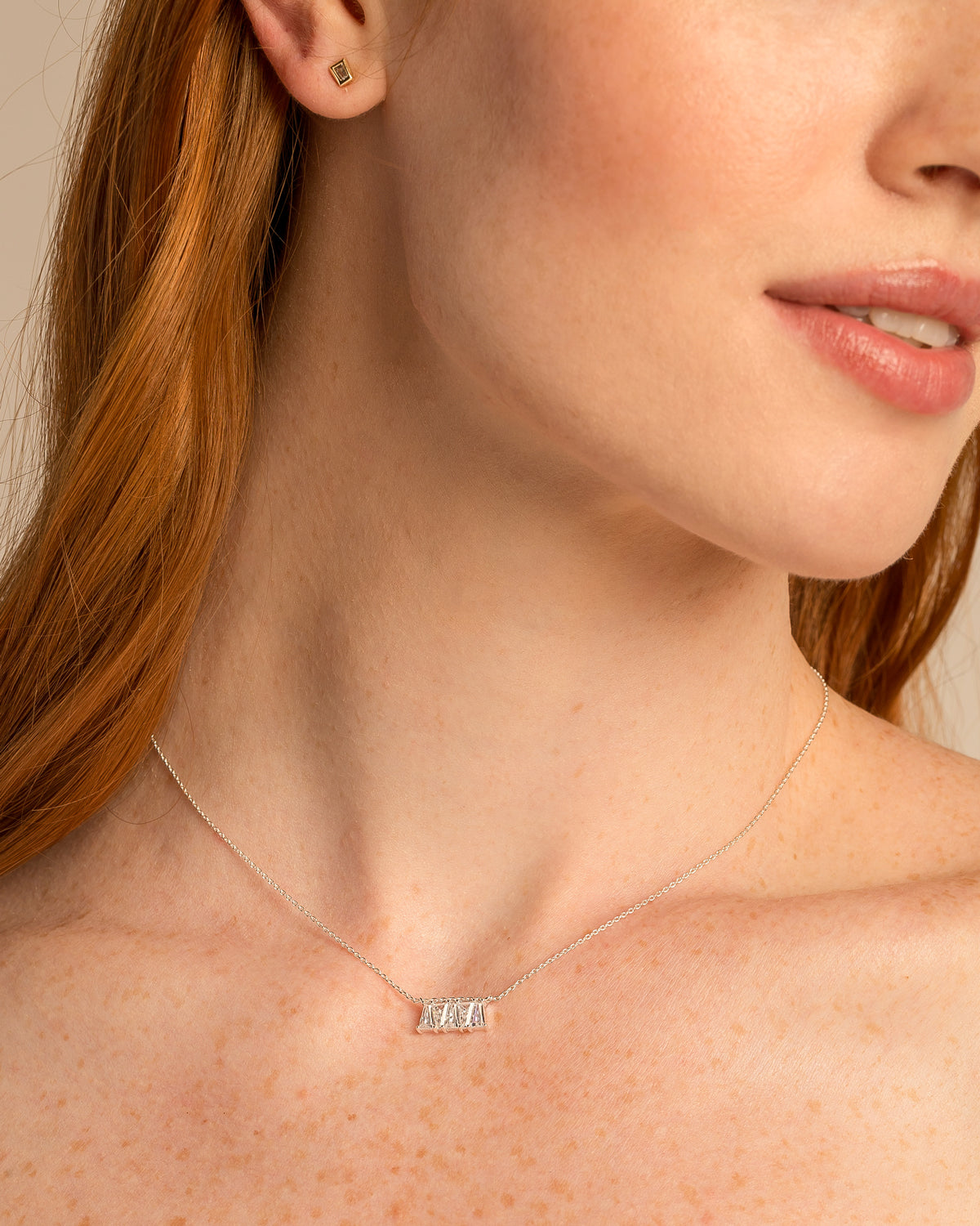 Bryan Anthonys Radiance Collection Baguette Dainty Necklace On Model in Silver