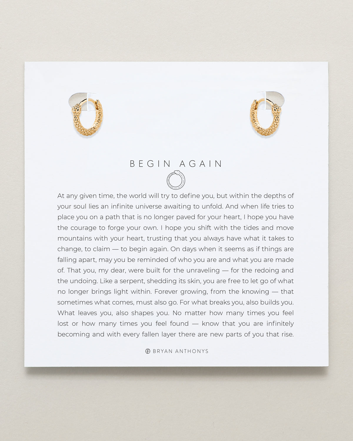 Bryan Anthonys Begin Again Mini Hoop Earrings in Gold On Meaning Card