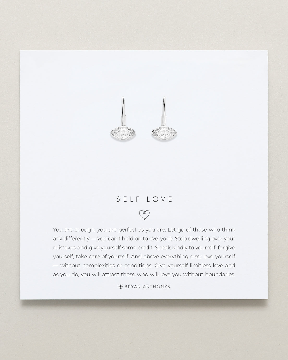 Bryan Anthonys Self Love Marquise Drop Earrings on Meaning Card in Silver