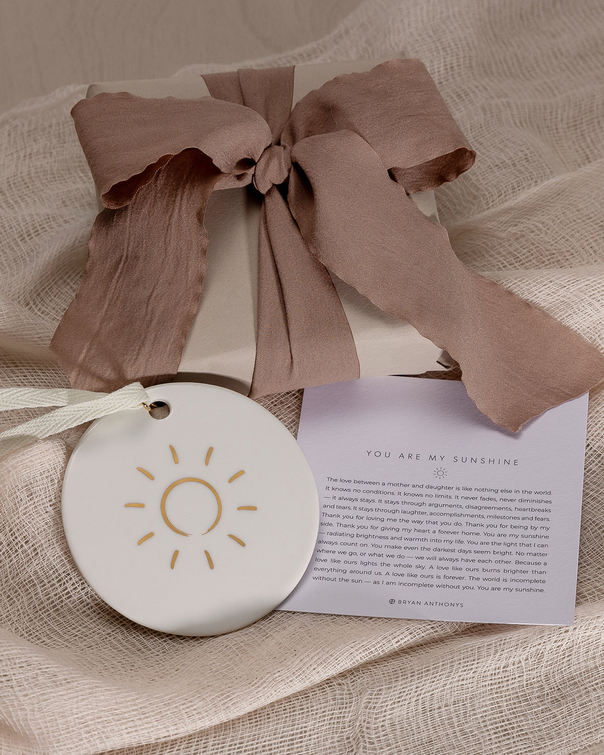 Bryan Anthonys You Are My Sunshine Mother Daughter White Ceramic Holiday Ornament in Gold with Meaning Card