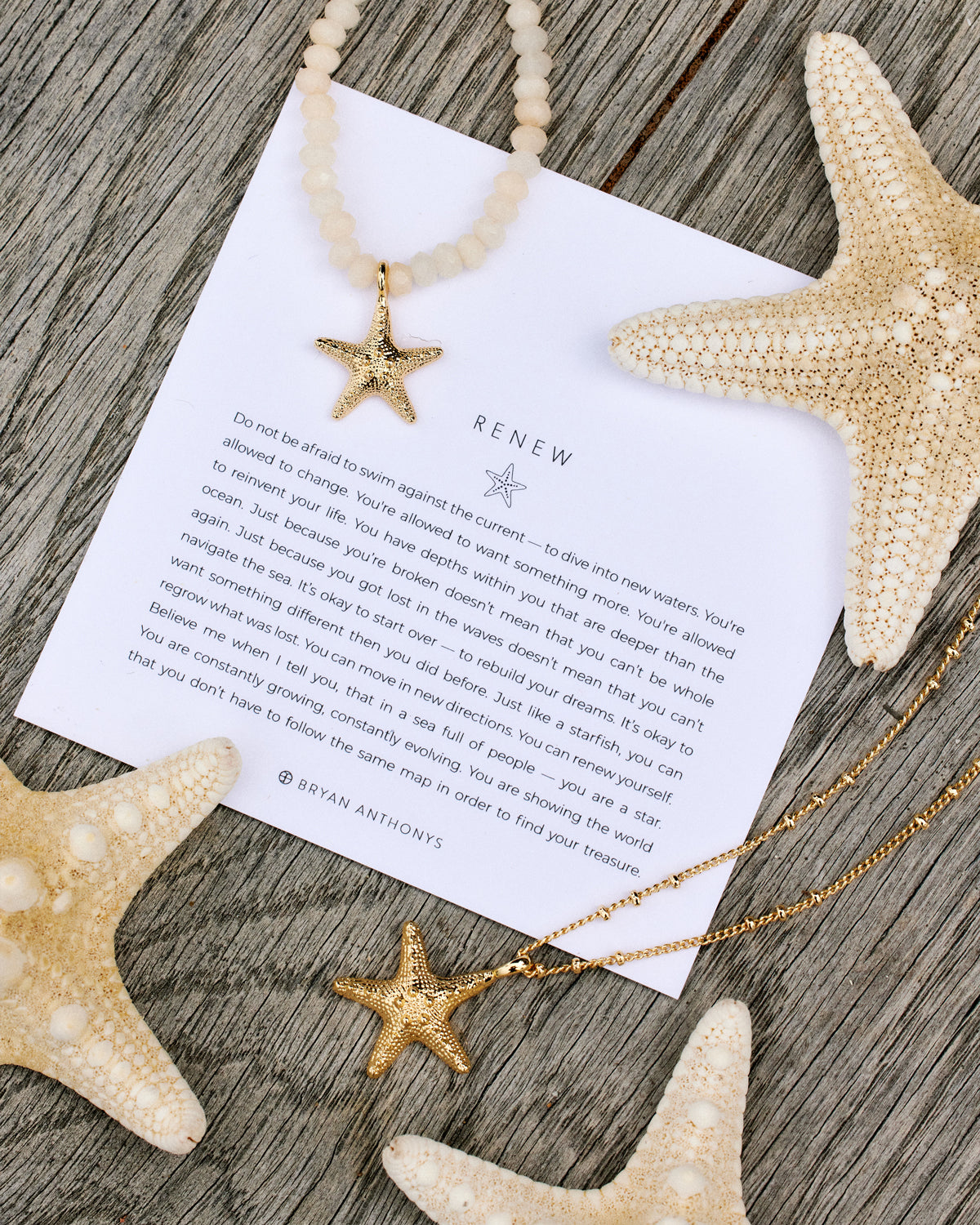Renew Starfish Opal Beaded Necklace and Pendant Necklace in Gold with Meaning Card and Starfishes