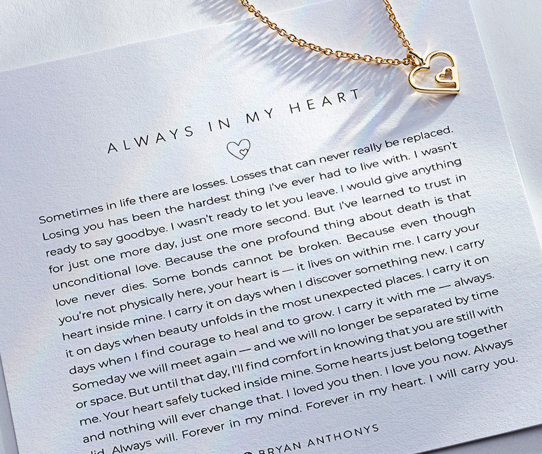 Bryan Anthonys Always in my heart necklace, on card