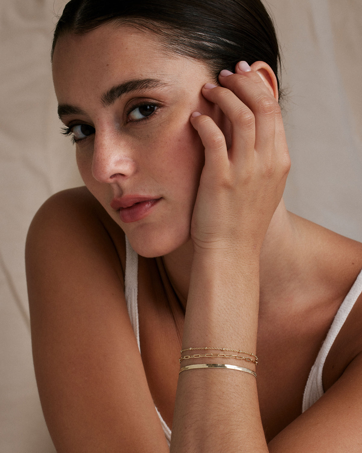 Bryan Anthonys Layers of You Connected Gold Delicate Gold Paperclip Chain Bracelet On Model