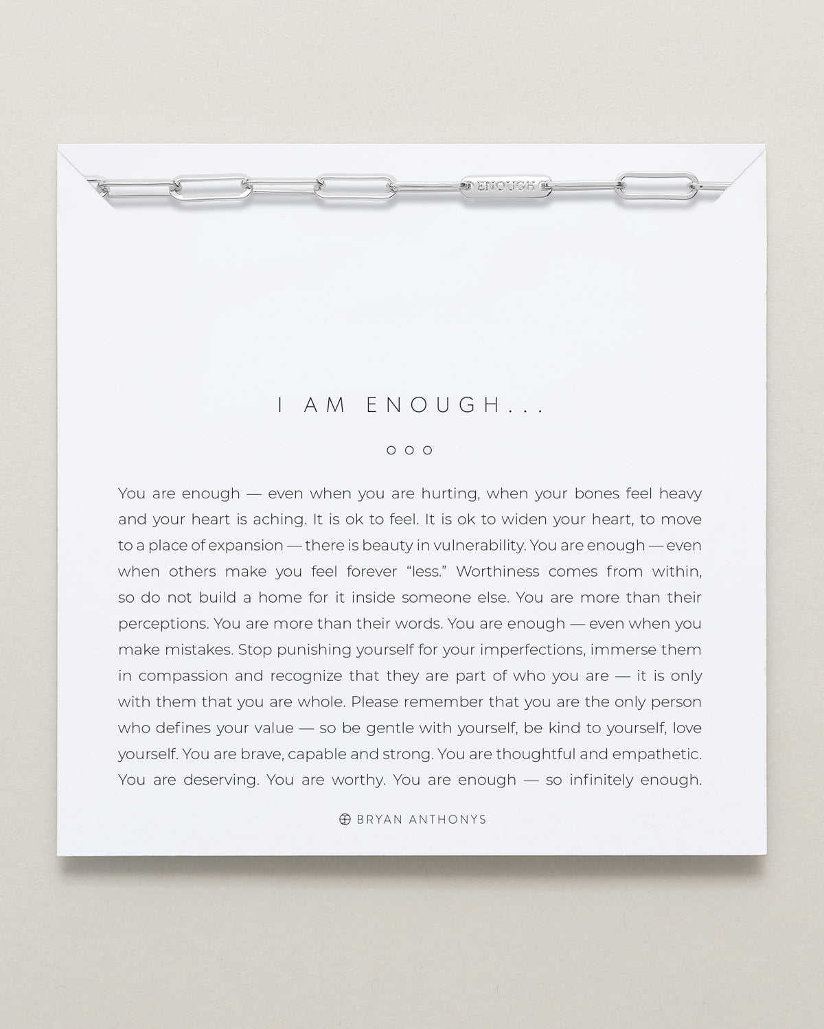 Bryan Anthonys I Am Enough Silver Paperclip Chain Bracelet On Card