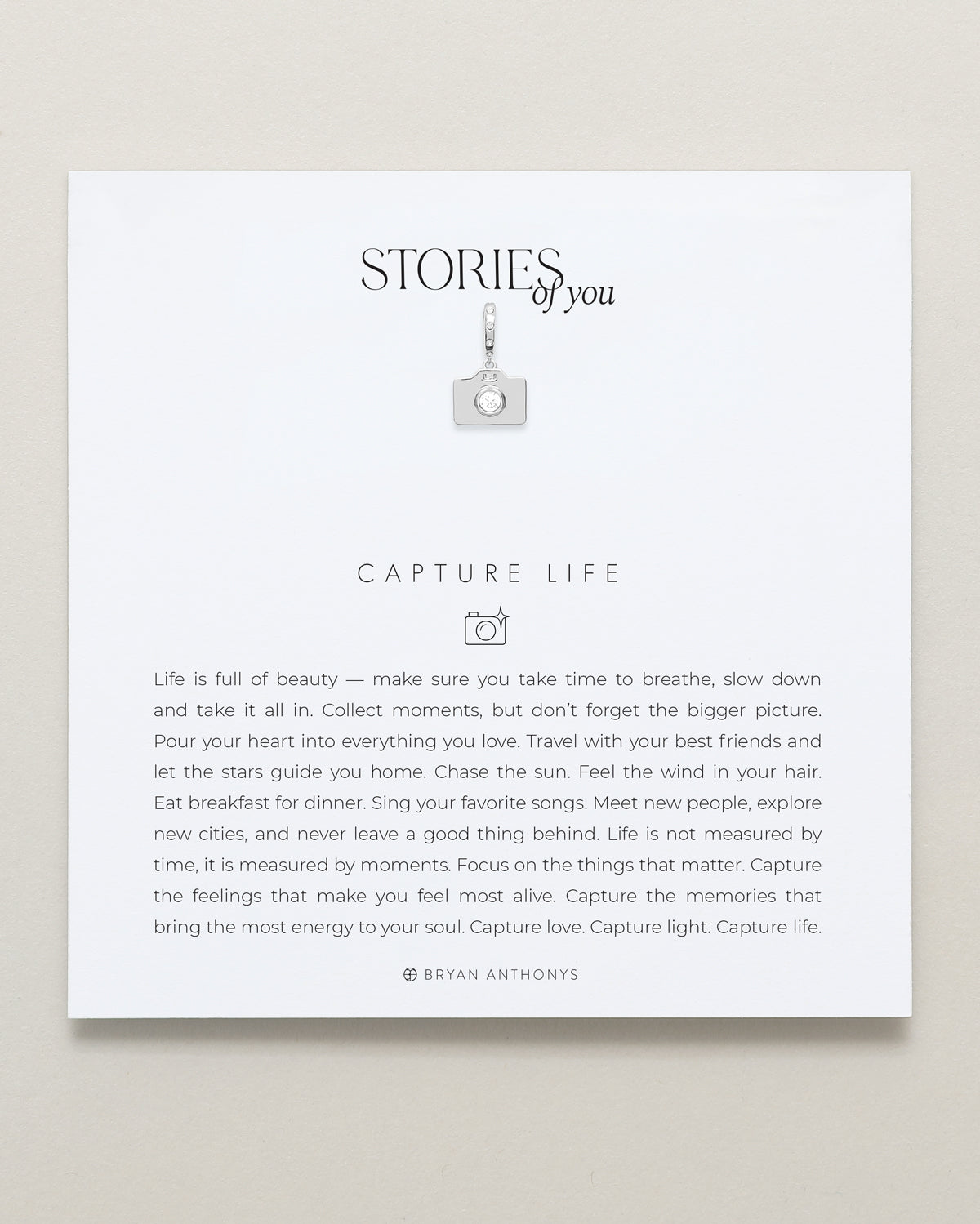 Bryan Anthonys Stories of You Silver Capture Life Charm On Card