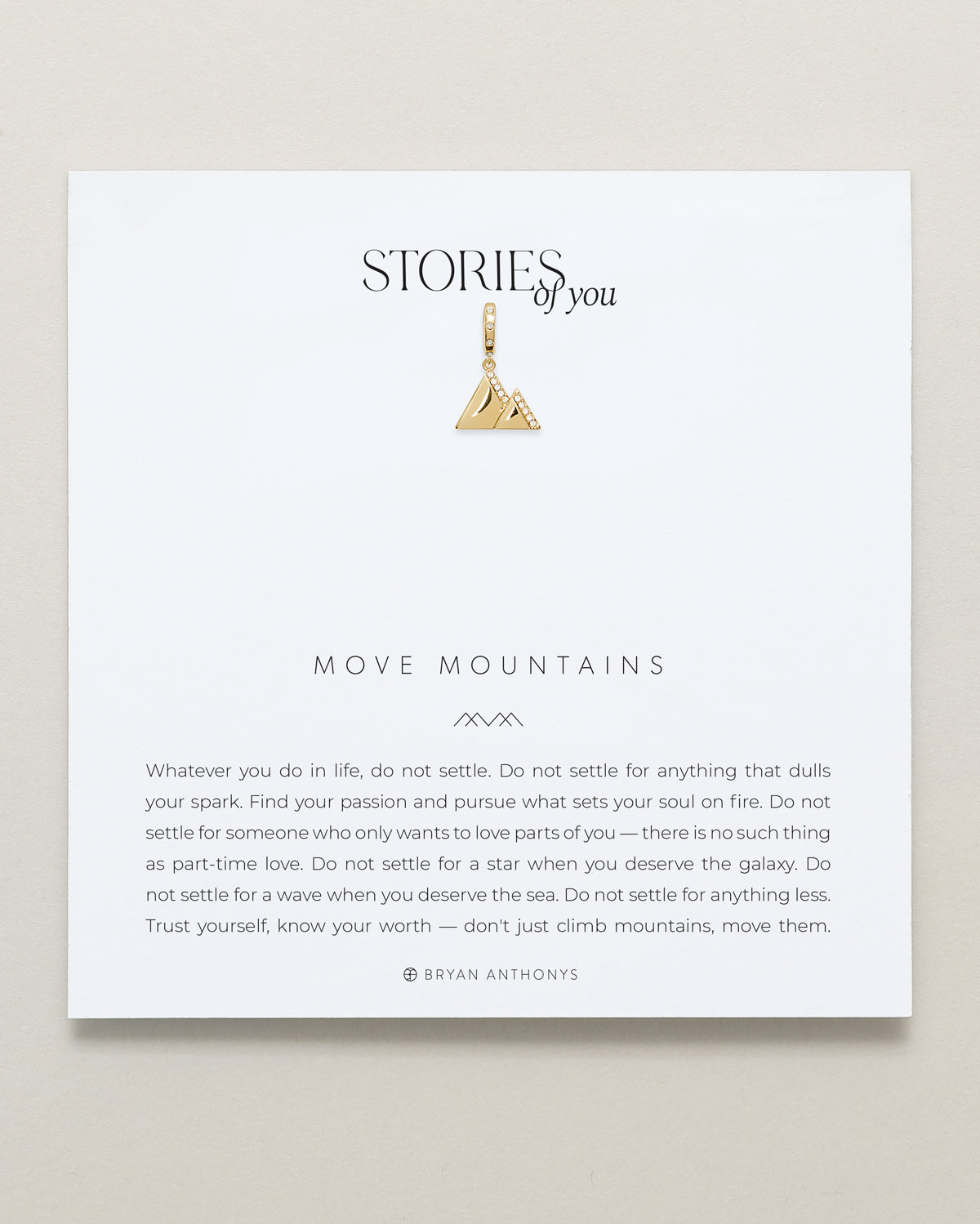 Bryan Anthonys Stories of You Gold Move Mountains Charm On Card