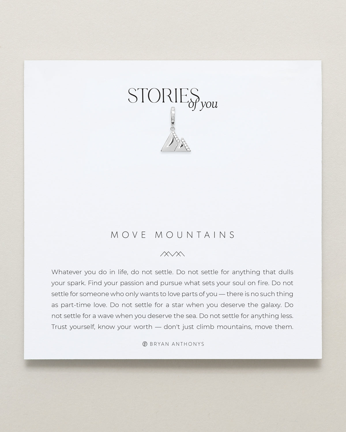 Bryan Anthonys Stories of You Silver Move Mountains Charm On Card