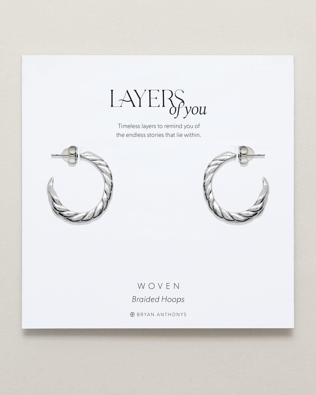 Bryan Anthonys Layers of You Silver Woven Braided Hoops On Card