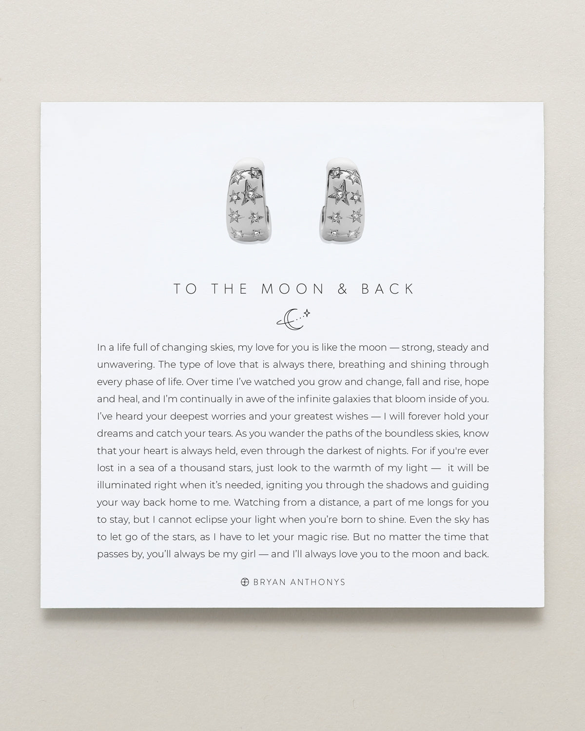 To the Moon and Back Hoop Earrings on card