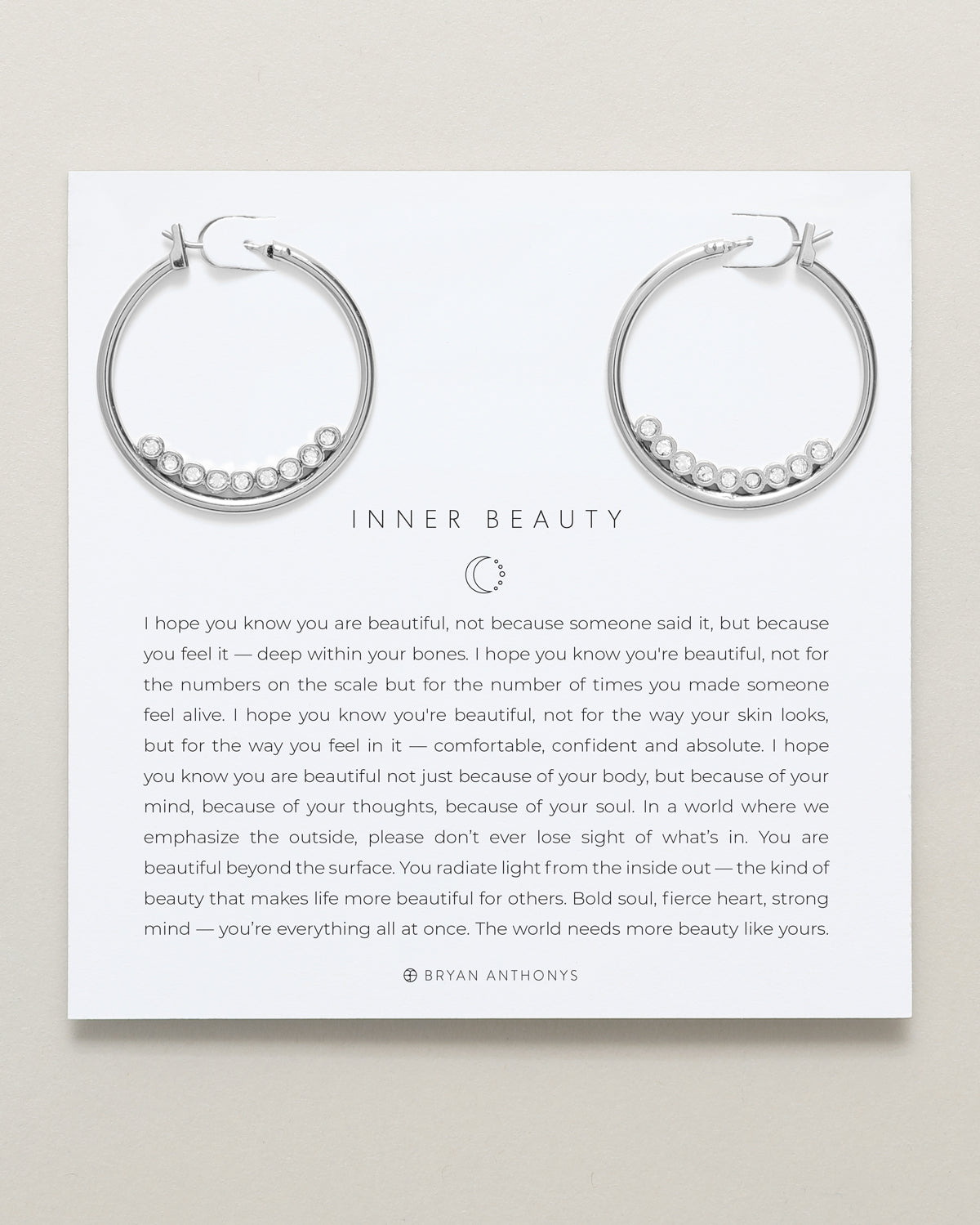 Bryan Anthonys Inner Beauty Silver Hoop Earrings With Crystals On Card