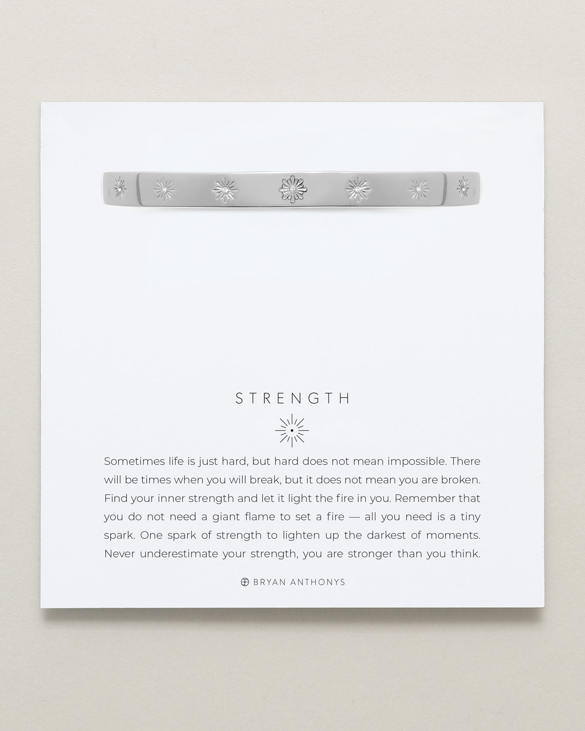 Bryan Anthonys Strength Silver Hinged Bracelet with Crystals on card