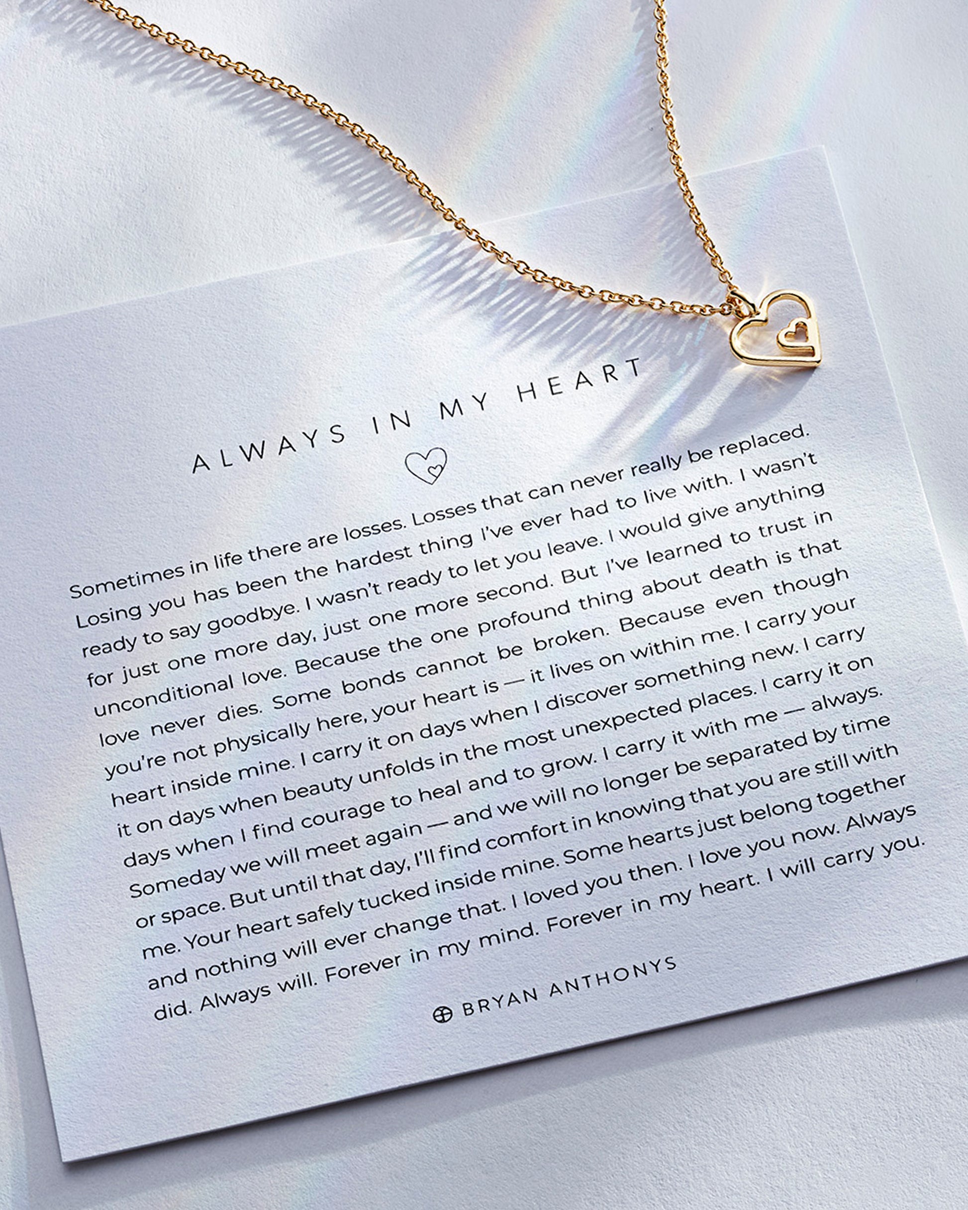 Always In My Heart Necklace showcase in 14k gold on card