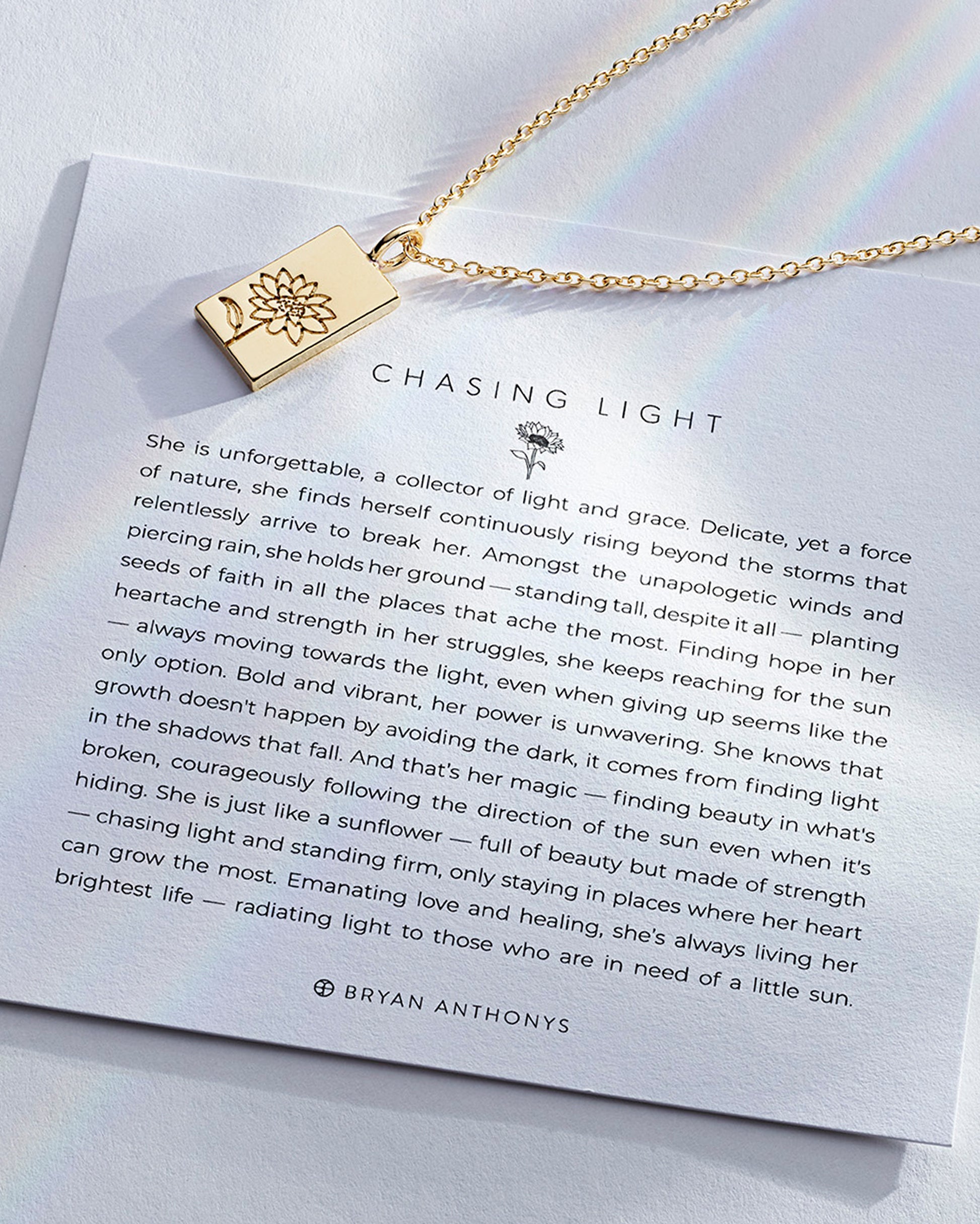 Chasing Light Necklace showcase in 14k gold on card