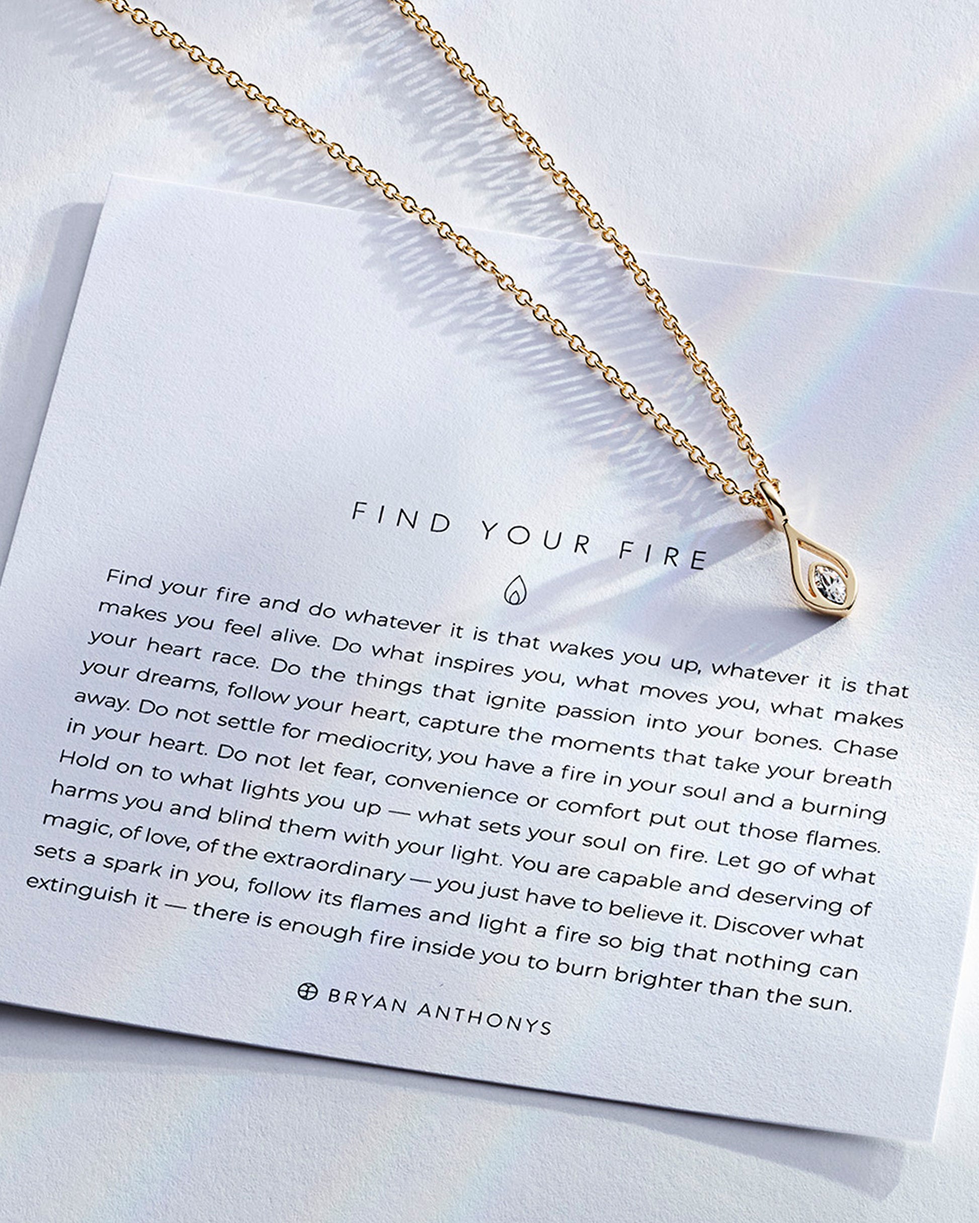 Find Your Fire Necklace in 14k gold on card