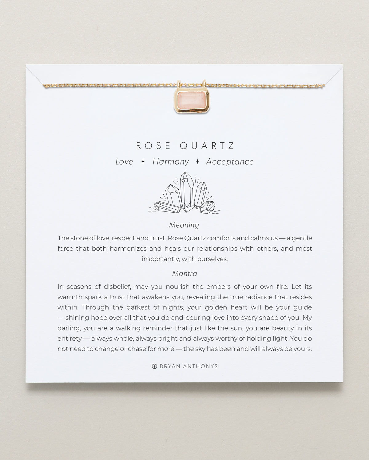 Bryan Anthonys Rose Quartz Healing Stone Gold Pendant Necklace On Card