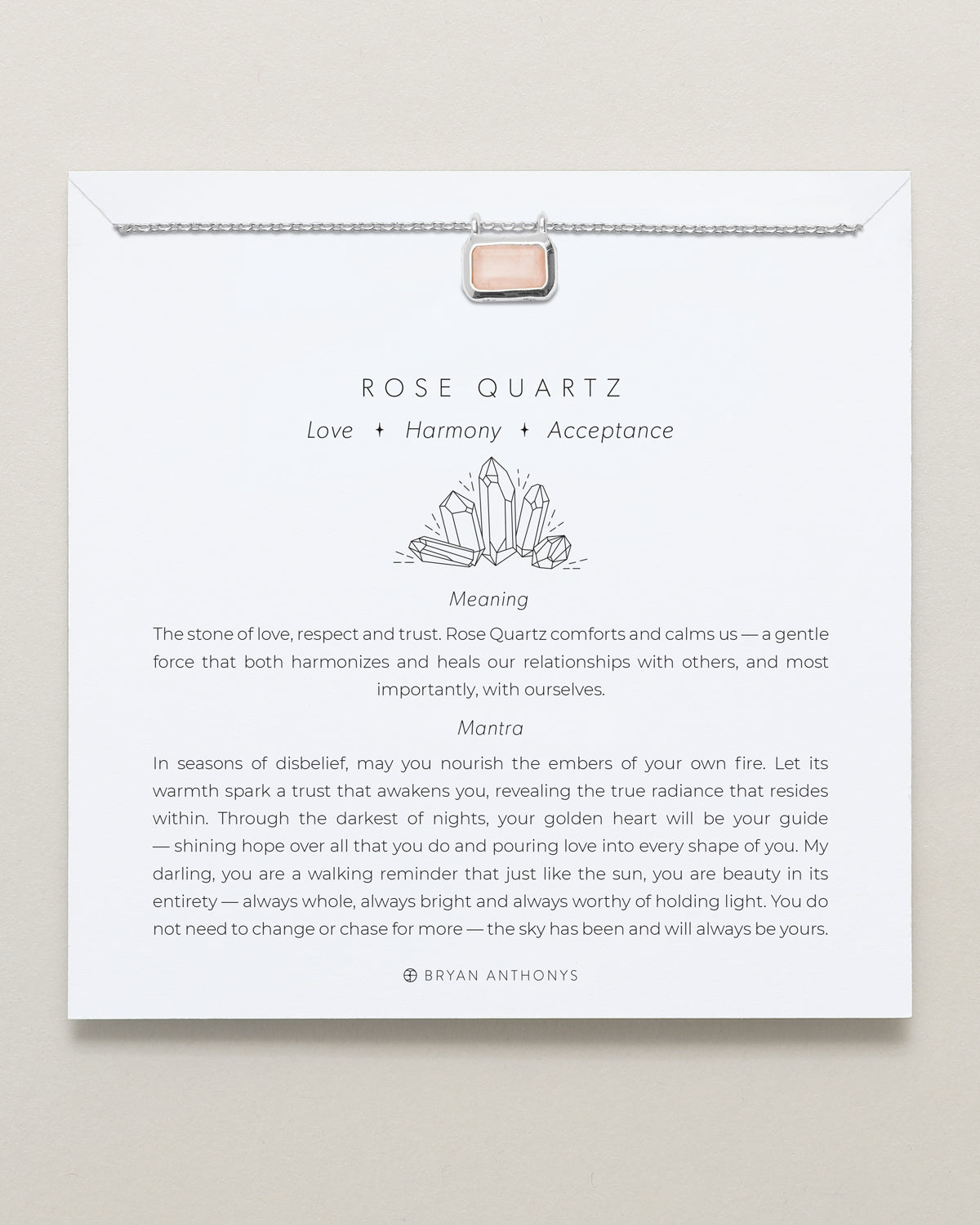 Bryan Anthonys Rose Quartz Healing Stone Silver Pendant Necklace On Card