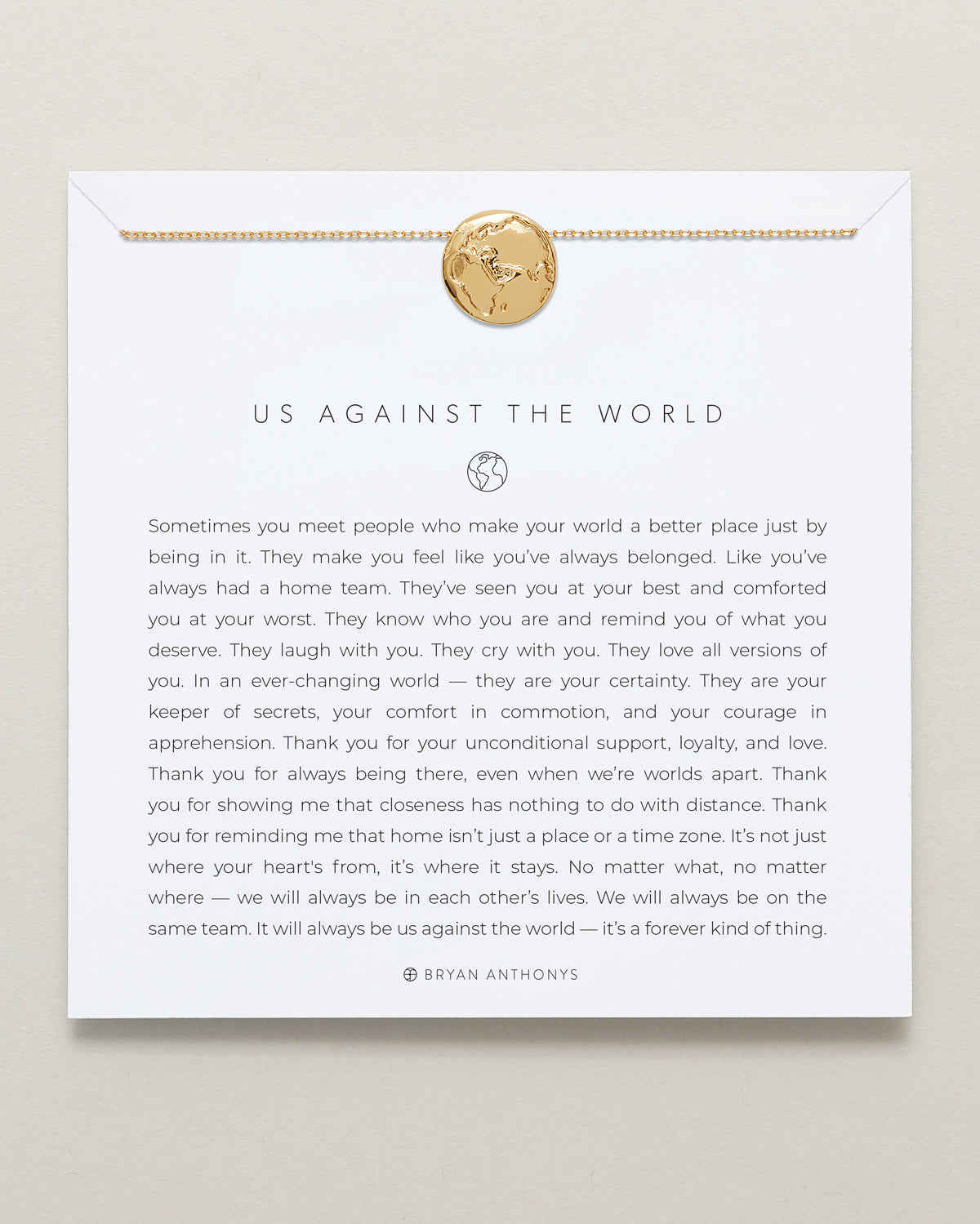 Bryan Anthonys Us Against The World Gold Necklace On Card