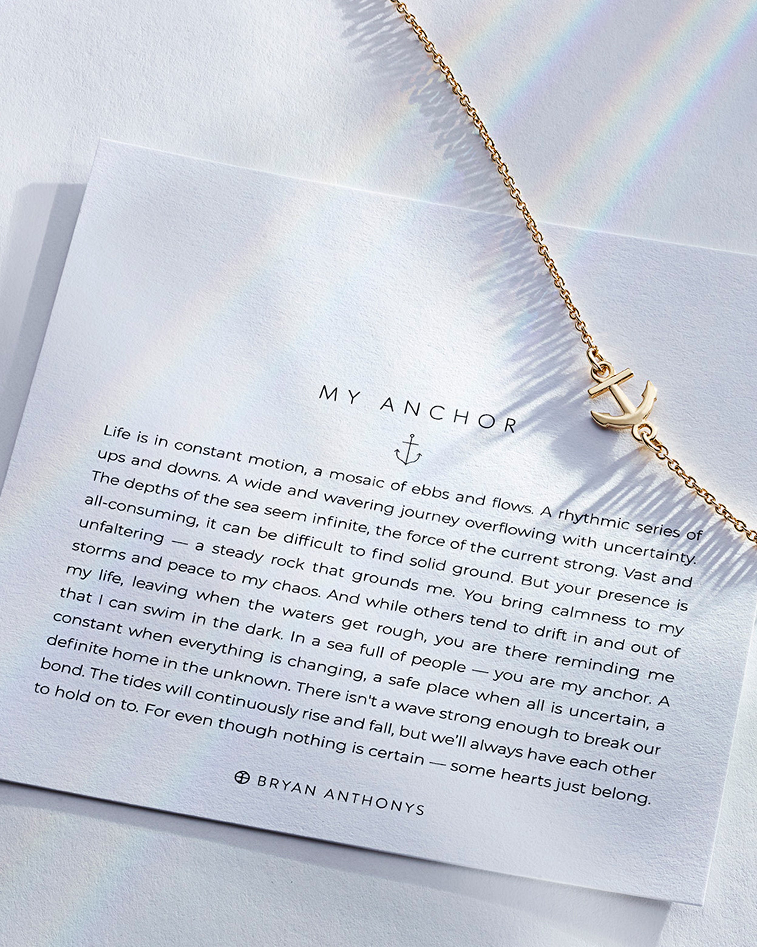 My Anchor Necklace showcase in 14k gold on card