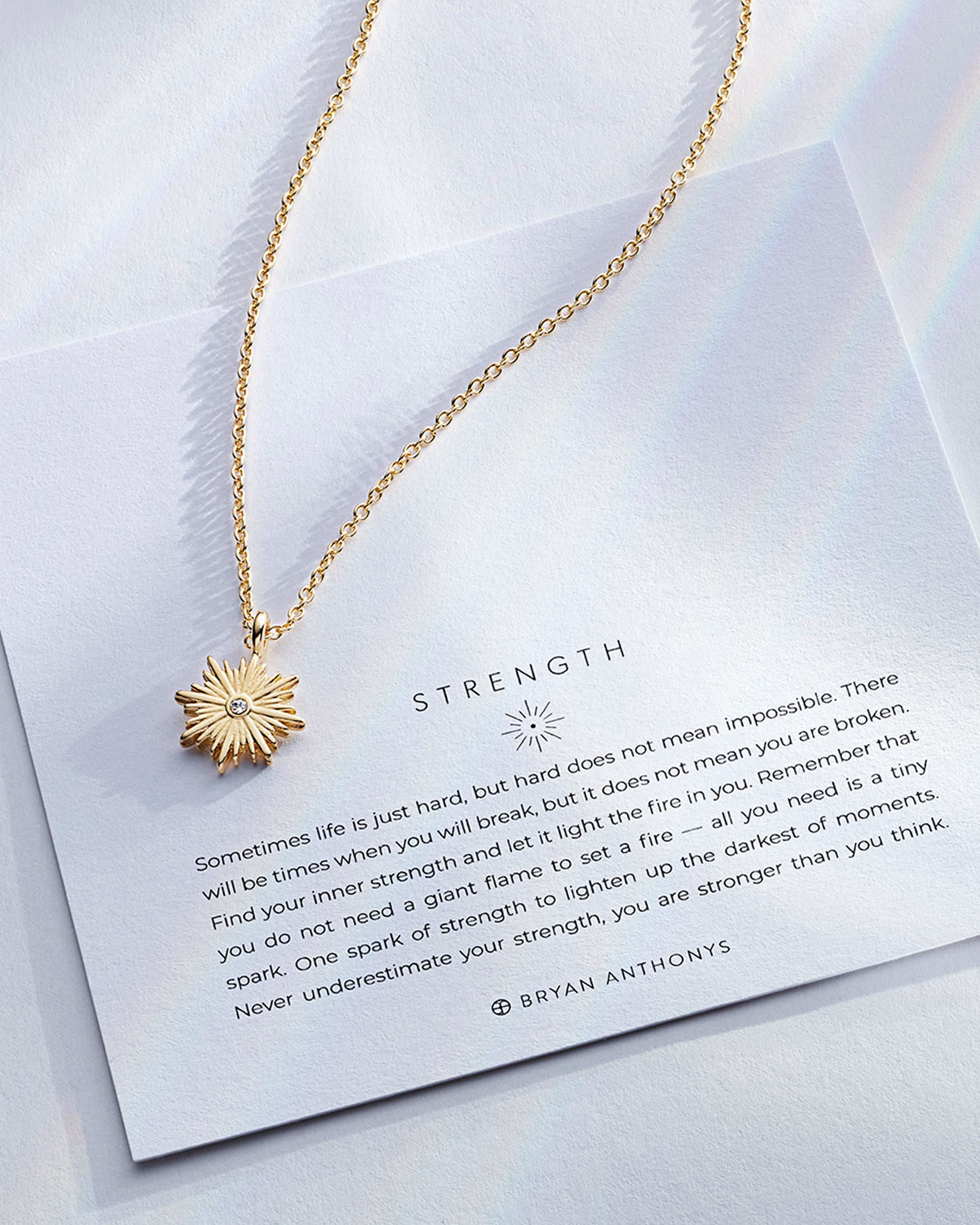 Strength Necklace showcase in 14k gold on card