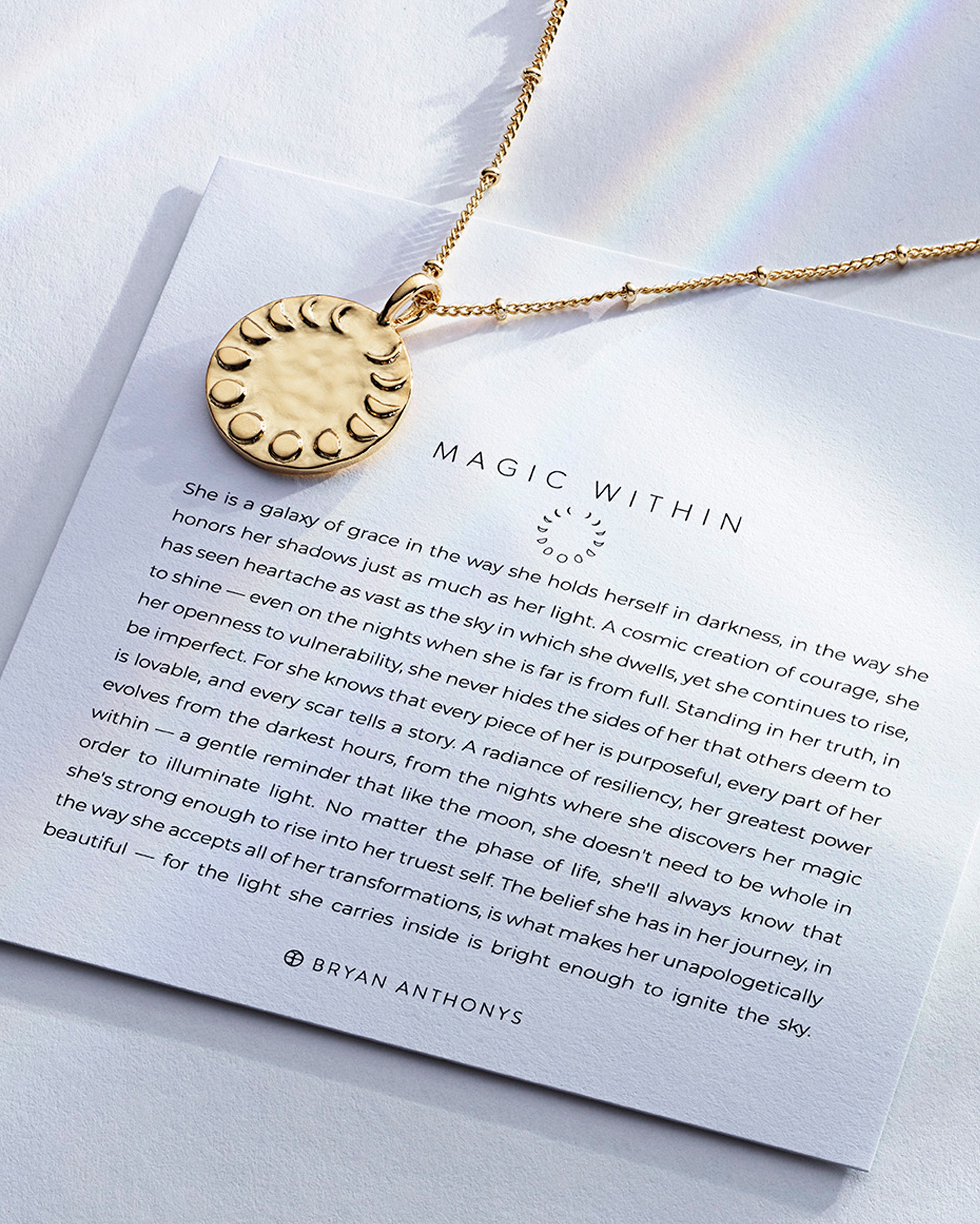 Magic Within Necklace showcase in 14k gold on card