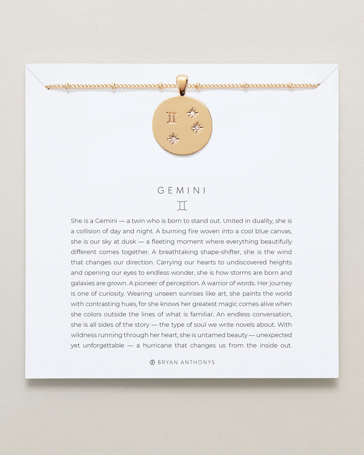 Bryan Anthonys Gold Gemini Zodiac Necklace On Card