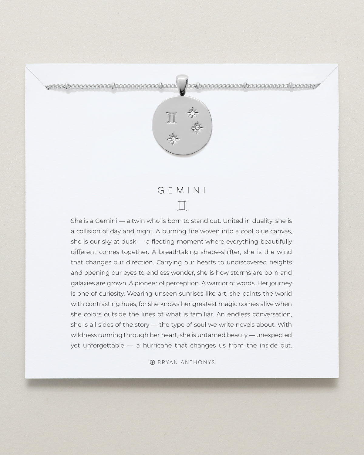 Bryan Anthonys Silver Gemini Zodiac Necklace On Card