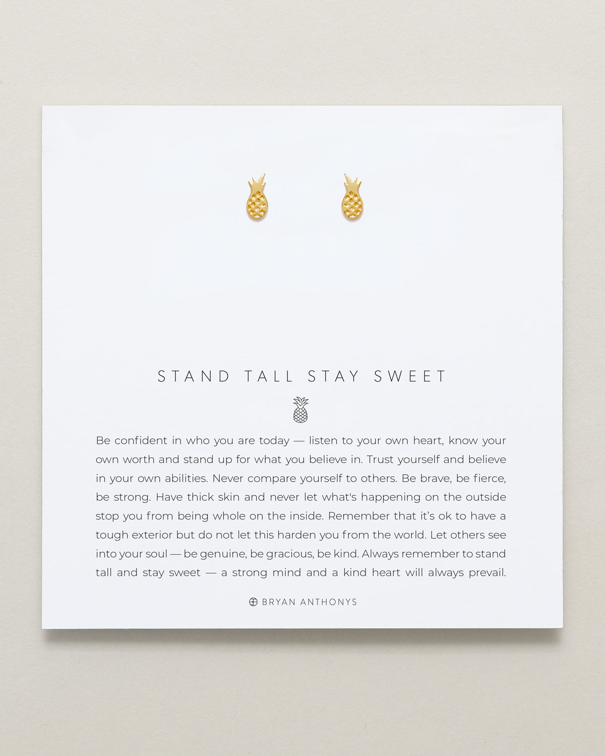 Bryan Anthonys Stand Tall Stay Sweet Gold Stud Earrings on card