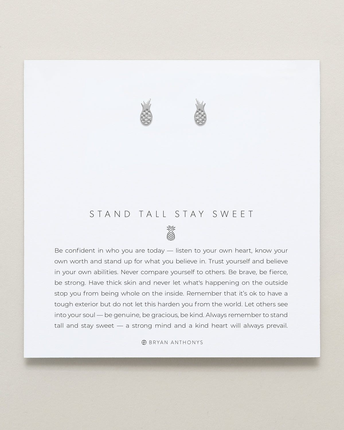 Bryan Anthonys Stand Tall Stay Sweet Silver Stud Earrings on card