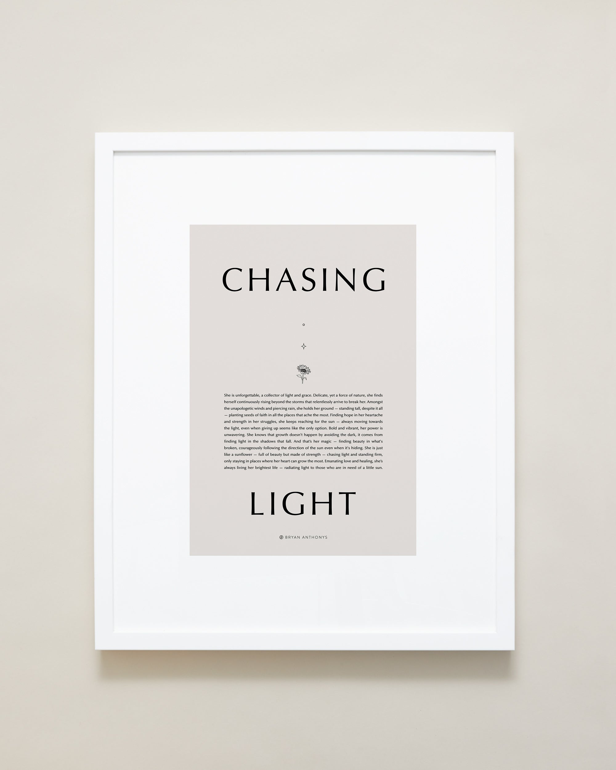 Bryan Anthonys Home Decor Purposeful Prints Chasing Light Iconic Framed Print Tan Art with White Frame 16x20