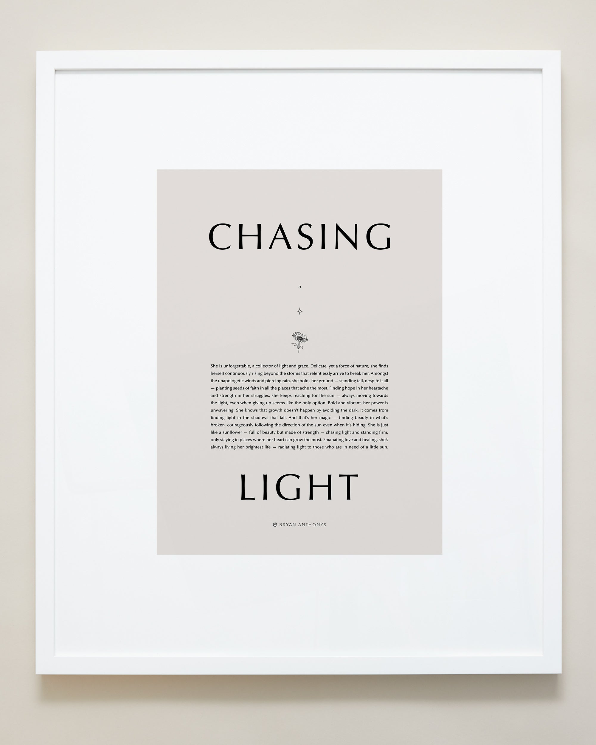 Bryan Anthonys Home Decor Purposeful Prints Chasing Light Iconic Framed Print Tan Art with White Frame 20x24