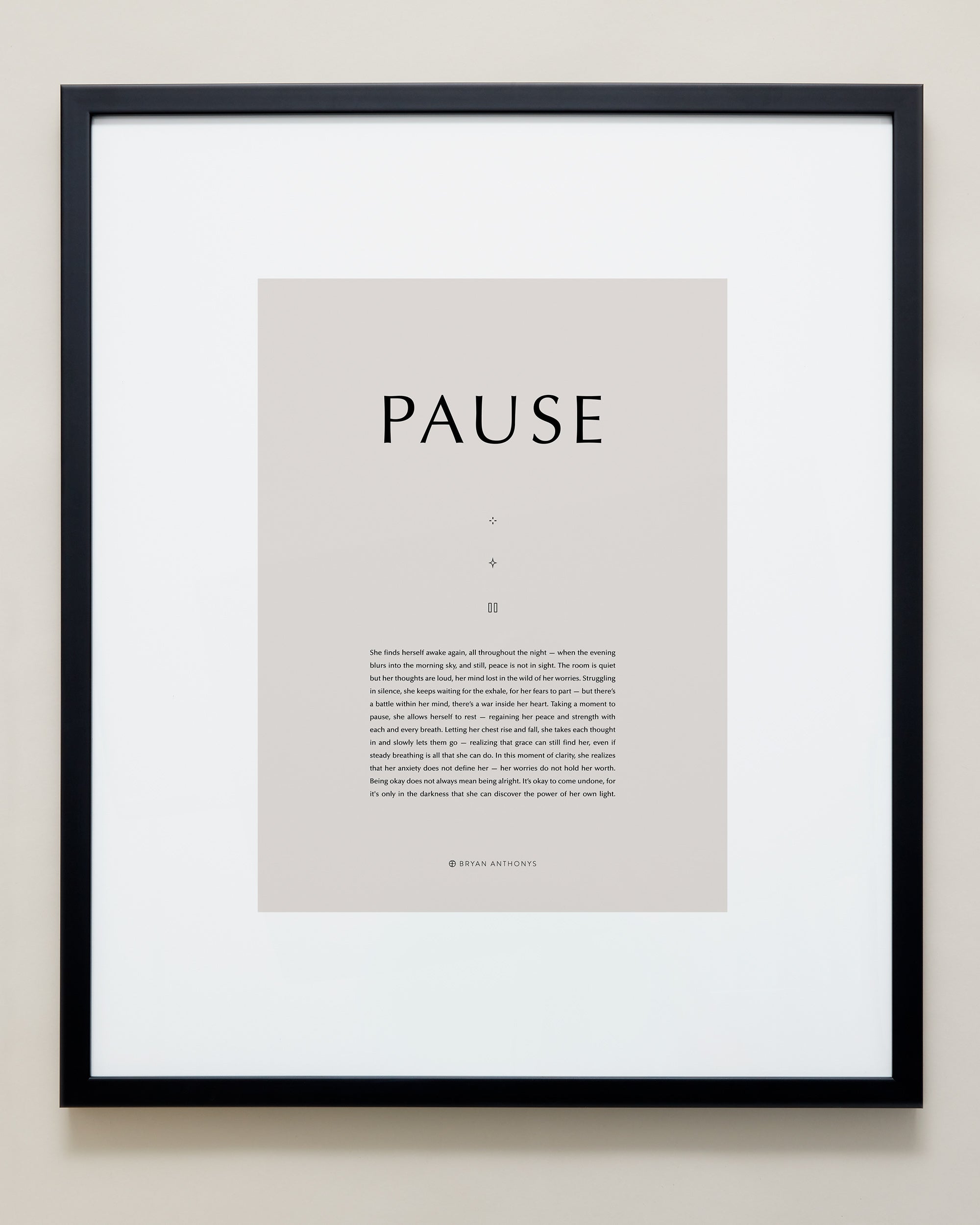 Bryan Anthonys Home Decor Purposeful Prints Pause Iconic Framed Print Tan Art with Black Frame 20x24