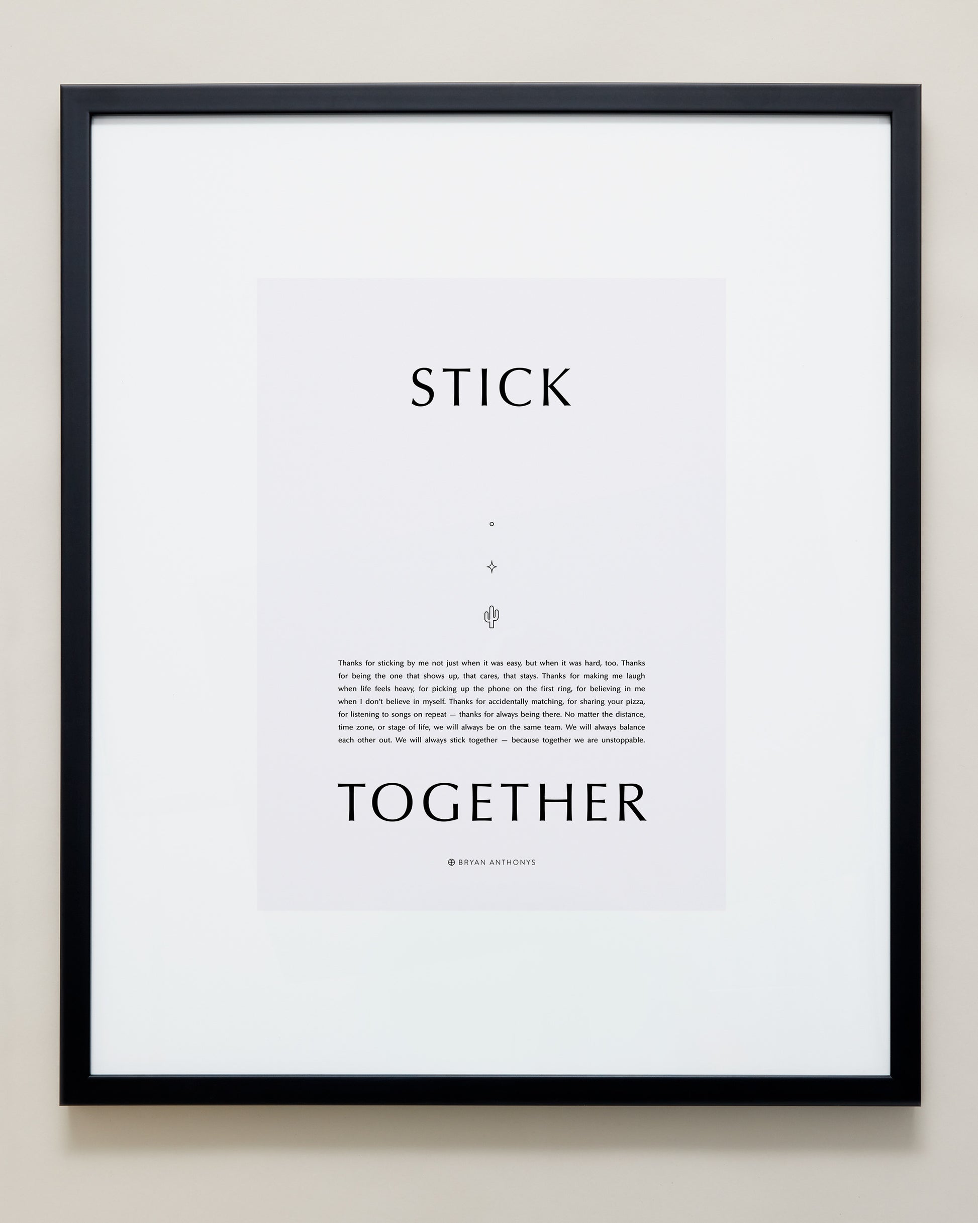 Stick Together Iconic Framed Print showcase large black frame